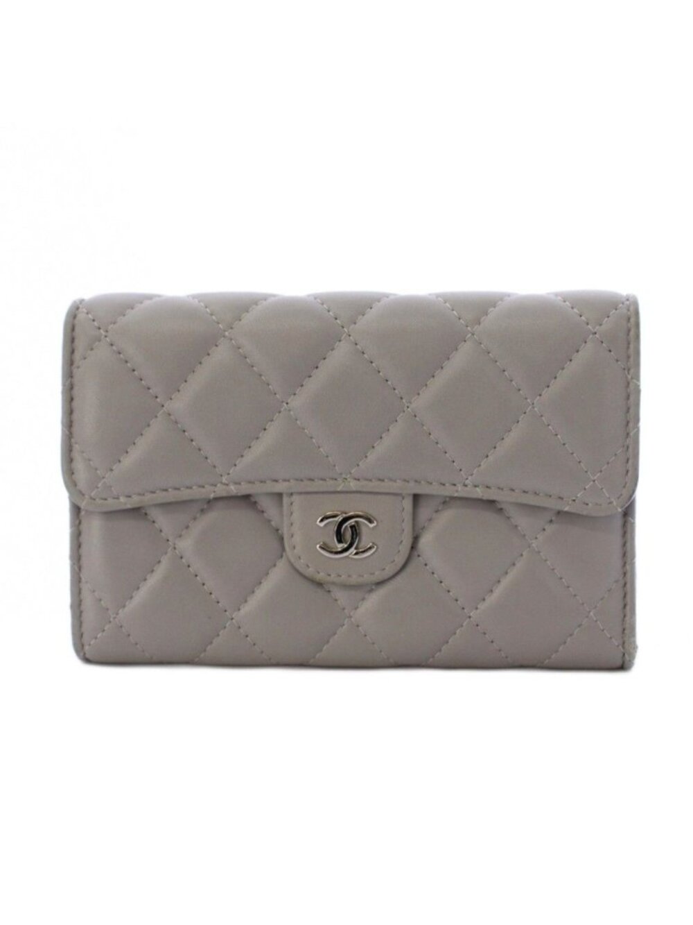 Chanel Quilted Lambskin Trifold Wallet CC Logo Gray